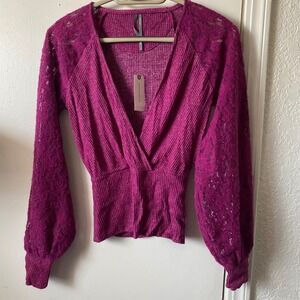 Anthropologie Plum Ribbed Knit Lace Sleeve V-Neck Top XXS NWT 79586533